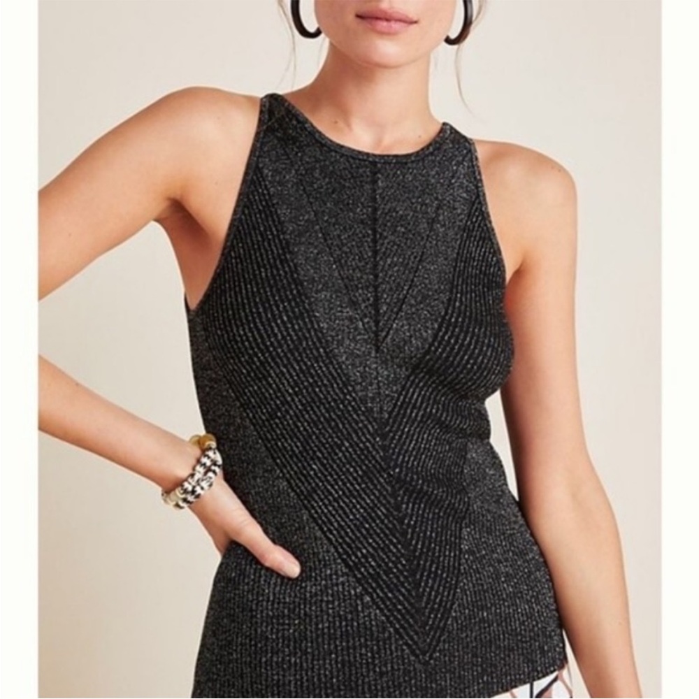 Anthropologie Gemma Sparkle Black Gray Metallic Knit Halter Top Womens Size XS
